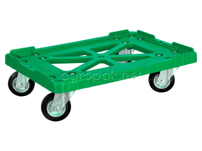 Пластиковая тележка для ящиков TR 508 цвет зеленый, 625х400 мм, черные резиновые колеса 